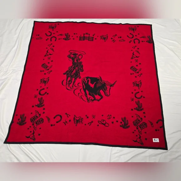 Vintage Pendleton Woolen Mill Store Cowboy Rodeo Bull Western Wool Blanket - Picture 2 of 11